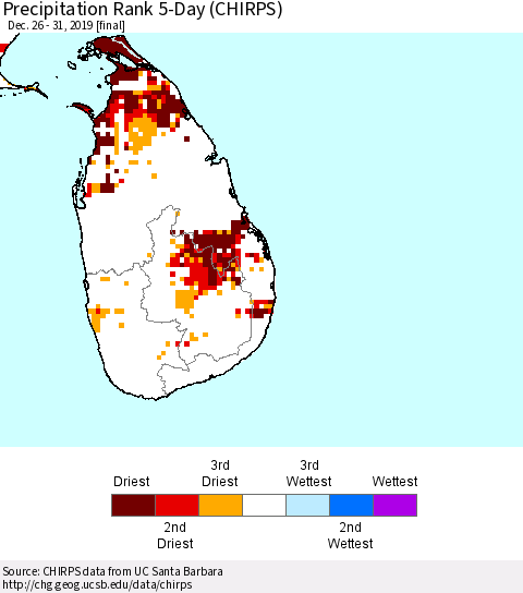 Sri Lanka Precipitation Rank since 1981, 5-Day (CHIRPS) Thematic Map For 12/26/2019 - 12/31/2019