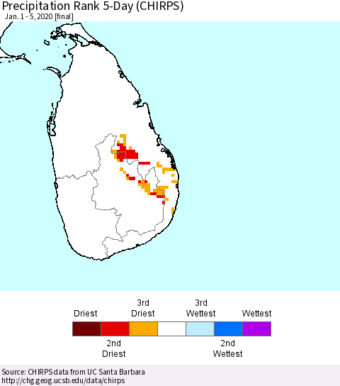 Sri Lanka Precipitation Rank since 1981, 5-Day (CHIRPS) Thematic Map For 1/1/2020 - 1/5/2020