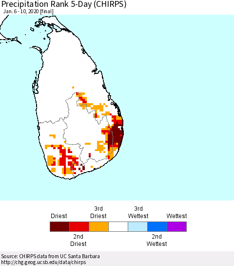 Sri Lanka Precipitation Rank since 1981, 5-Day (CHIRPS) Thematic Map For 1/6/2020 - 1/10/2020