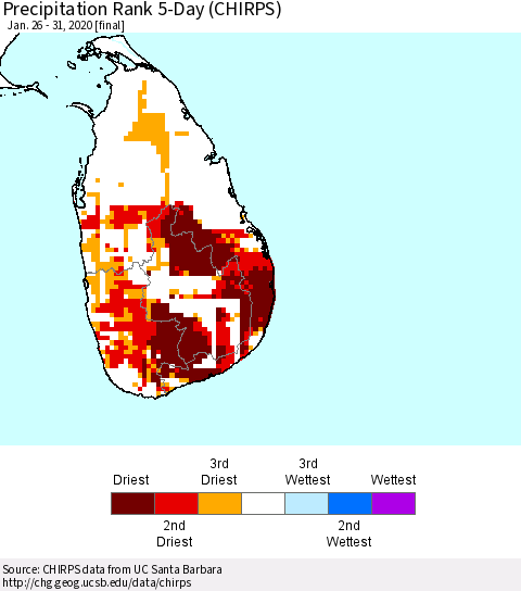 Sri Lanka Precipitation Rank 5-Day (CHIRPS) Thematic Map For 1/26/2020 - 1/31/2020