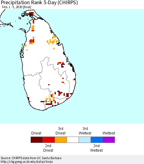 Sri Lanka Precipitation Rank since 1981, 5-Day (CHIRPS) Thematic Map For 2/1/2020 - 2/5/2020