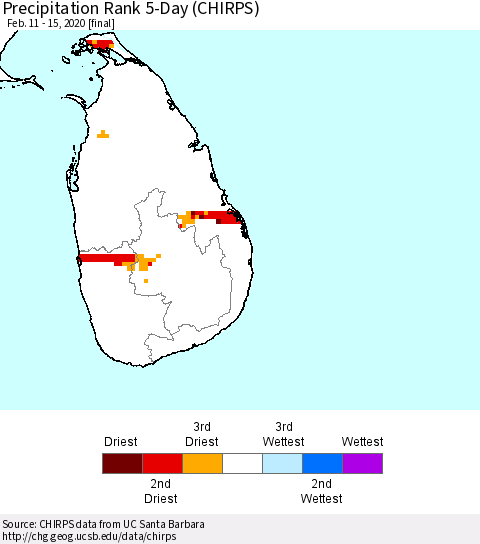 Sri Lanka Precipitation Rank since 1981, 5-Day (CHIRPS) Thematic Map For 2/11/2020 - 2/15/2020