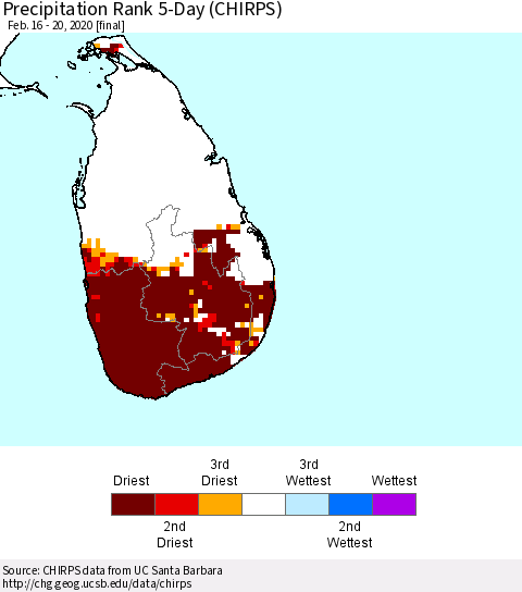 Sri Lanka Precipitation Rank since 1981, 5-Day (CHIRPS) Thematic Map For 2/16/2020 - 2/20/2020