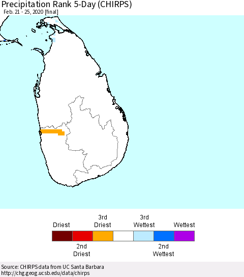 Sri Lanka Precipitation Rank since 1981, 5-Day (CHIRPS) Thematic Map For 2/21/2020 - 2/25/2020