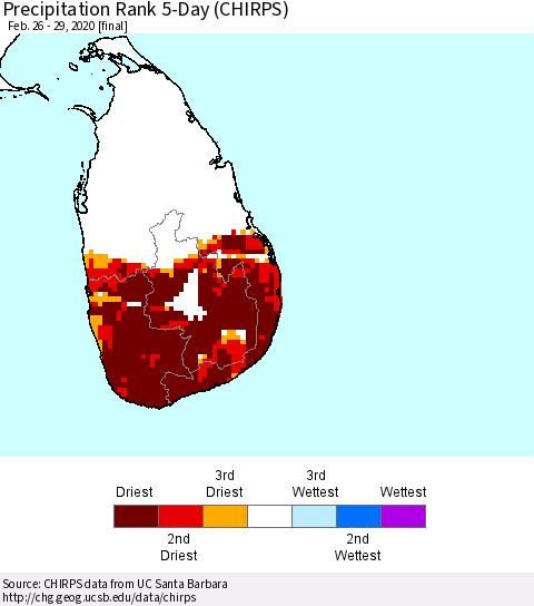 Sri Lanka Precipitation Rank 5-Day (CHIRPS) Thematic Map For 2/26/2020 - 2/29/2020
