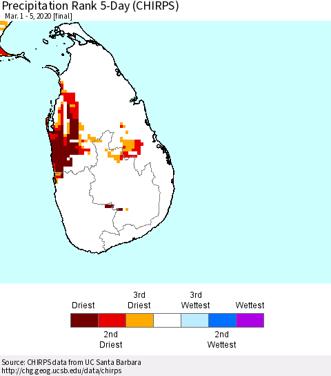 Sri Lanka Precipitation Rank since 1981, 5-Day (CHIRPS) Thematic Map For 3/1/2020 - 3/5/2020