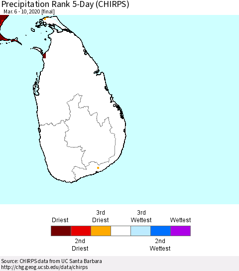 Sri Lanka Precipitation Rank since 1981, 5-Day (CHIRPS) Thematic Map For 3/6/2020 - 3/10/2020