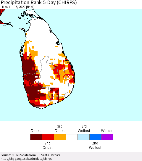 Sri Lanka Precipitation Rank since 1981, 5-Day (CHIRPS) Thematic Map For 3/11/2020 - 3/15/2020