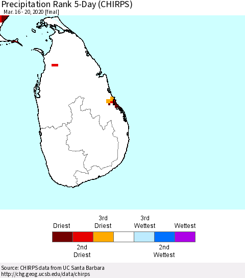 Sri Lanka Precipitation Rank since 1981, 5-Day (CHIRPS) Thematic Map For 3/16/2020 - 3/20/2020