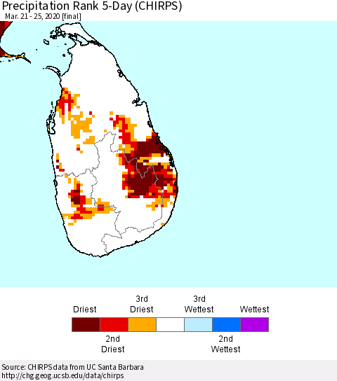 Sri Lanka Precipitation Rank since 1981, 5-Day (CHIRPS) Thematic Map For 3/21/2020 - 3/25/2020