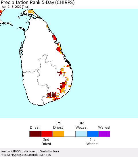 Sri Lanka Precipitation Rank since 1981, 5-Day (CHIRPS) Thematic Map For 4/1/2020 - 4/5/2020