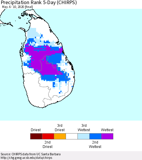 Sri Lanka Precipitation Rank since 1981, 5-Day (CHIRPS) Thematic Map For 5/6/2020 - 5/10/2020