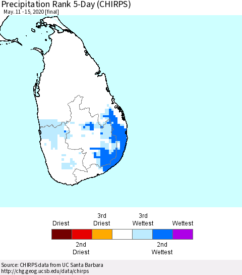 Sri Lanka Precipitation Rank 5-Day (CHIRPS) Thematic Map For 5/11/2020 - 5/15/2020