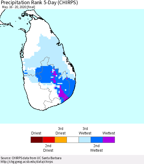 Sri Lanka Precipitation Rank since 1981, 5-Day (CHIRPS) Thematic Map For 5/16/2020 - 5/20/2020