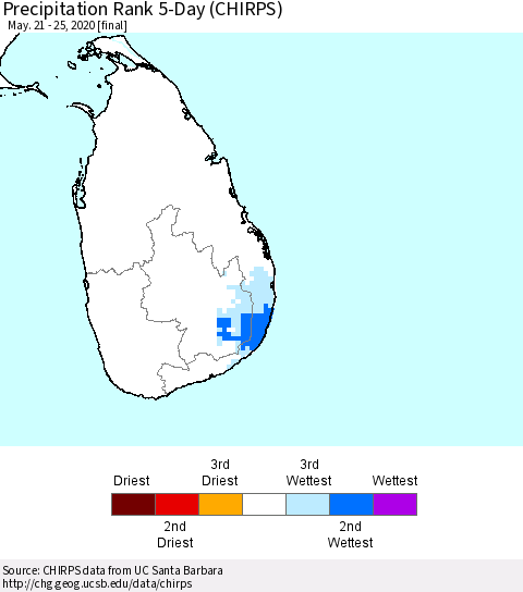 Sri Lanka Precipitation Rank 5-Day (CHIRPS) Thematic Map For 5/21/2020 - 5/25/2020