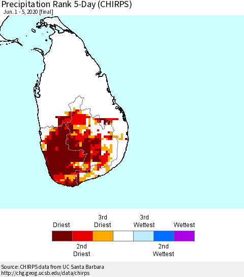 Sri Lanka Precipitation Rank since 1981, 5-Day (CHIRPS) Thematic Map For 6/1/2020 - 6/5/2020