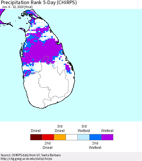 Sri Lanka Precipitation Rank 5-Day (CHIRPS) Thematic Map For 6/6/2020 - 6/10/2020