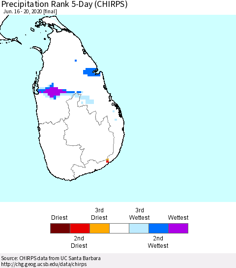 Sri Lanka Precipitation Rank 5-Day (CHIRPS) Thematic Map For 6/16/2020 - 6/20/2020