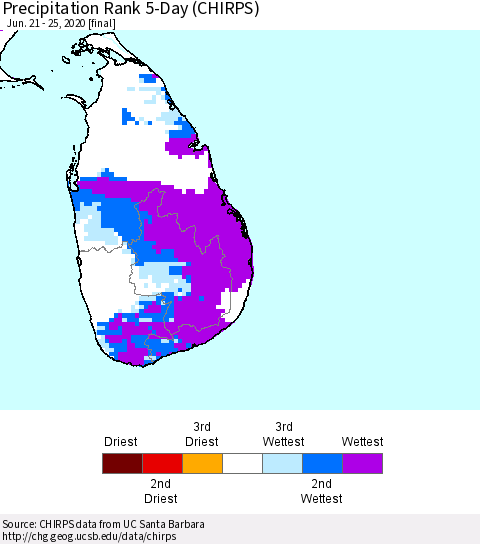 Sri Lanka Precipitation Rank since 1981, 5-Day (CHIRPS) Thematic Map For 6/21/2020 - 6/25/2020