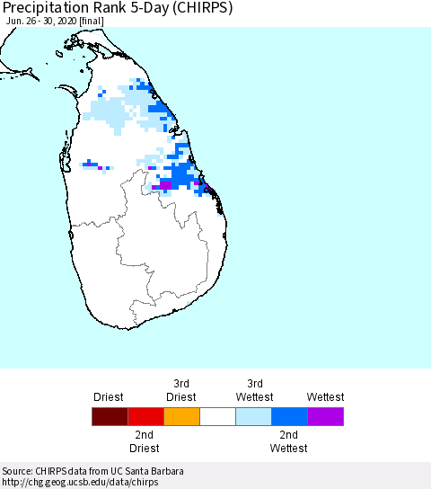 Sri Lanka Precipitation Rank 5-Day (CHIRPS) Thematic Map For 6/26/2020 - 6/30/2020