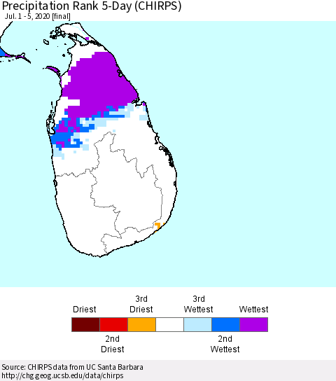 Sri Lanka Precipitation Rank 5-Day (CHIRPS) Thematic Map For 7/1/2020 - 7/5/2020