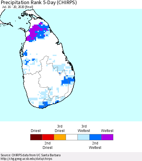 Sri Lanka Precipitation Rank since 1981, 5-Day (CHIRPS) Thematic Map For 7/16/2020 - 7/20/2020
