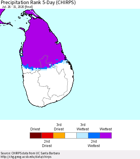Sri Lanka Precipitation Rank 5-Day (CHIRPS) Thematic Map For 7/26/2020 - 7/31/2020
