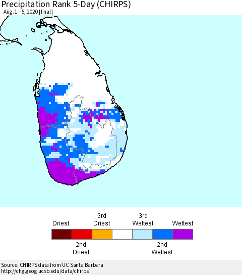 Sri Lanka Precipitation Rank 5-Day (CHIRPS) Thematic Map For 8/1/2020 - 8/5/2020