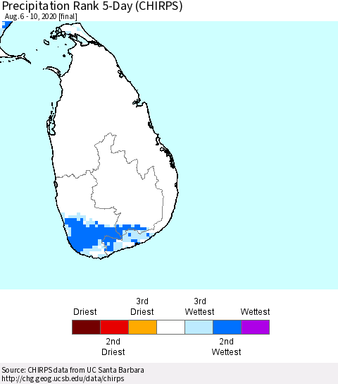 Sri Lanka Precipitation Rank 5-Day (CHIRPS) Thematic Map For 8/6/2020 - 8/10/2020