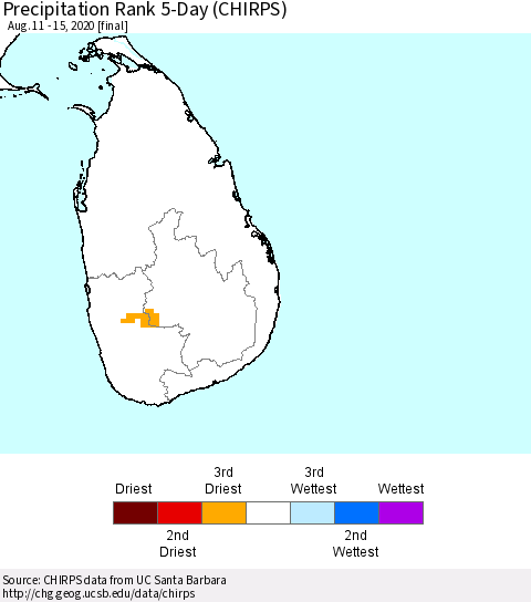 Sri Lanka Precipitation Rank 5-Day (CHIRPS) Thematic Map For 8/11/2020 - 8/15/2020