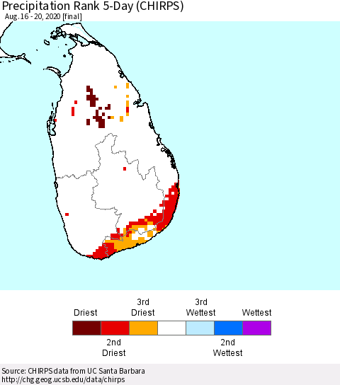 Sri Lanka Precipitation Rank 5-Day (CHIRPS) Thematic Map For 8/16/2020 - 8/20/2020
