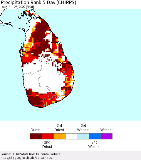Sri Lanka Precipitation Rank 5-Day (CHIRPS) Thematic Map For 8/21/2020 - 8/25/2020