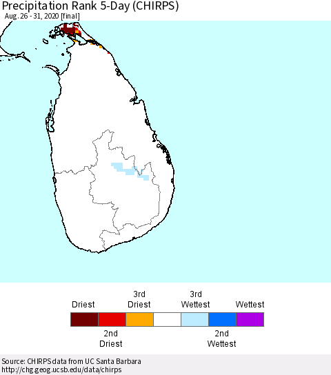 Sri Lanka Precipitation Rank 5-Day (CHIRPS) Thematic Map For 8/26/2020 - 8/31/2020