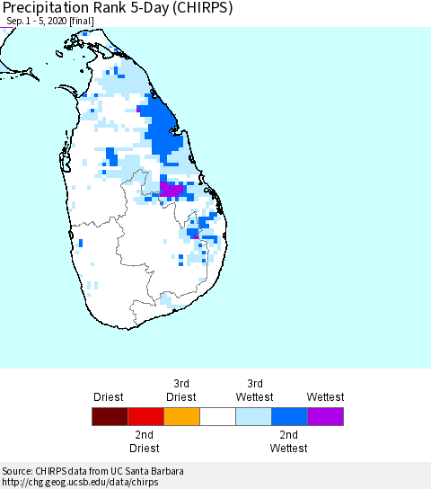 Sri Lanka Precipitation Rank 5-Day (CHIRPS) Thematic Map For 9/1/2020 - 9/5/2020
