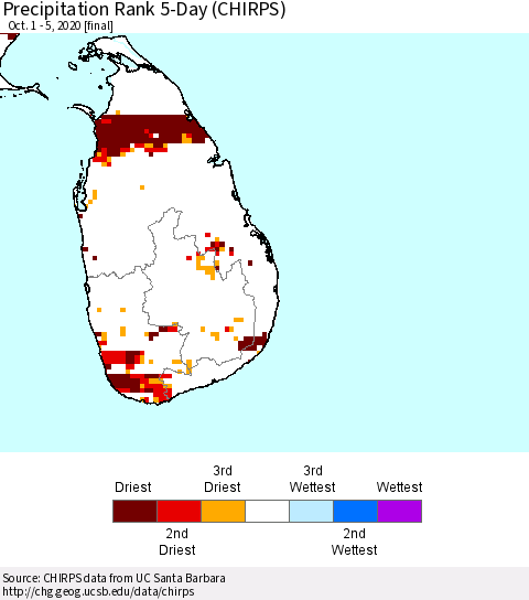Sri Lanka Precipitation Rank since 1981, 5-Day (CHIRPS) Thematic Map For 10/1/2020 - 10/5/2020