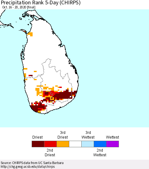 Sri Lanka Precipitation Rank since 1981, 5-Day (CHIRPS) Thematic Map For 10/16/2020 - 10/20/2020