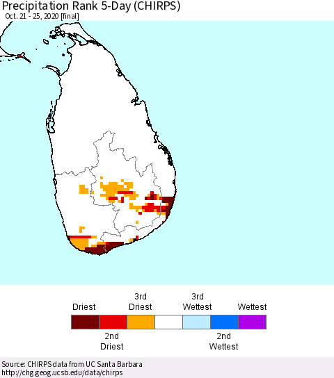 Sri Lanka Precipitation Rank since 1981, 5-Day (CHIRPS) Thematic Map For 10/21/2020 - 10/25/2020