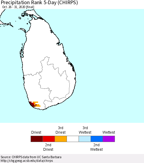 Sri Lanka Precipitation Rank since 1981, 5-Day (CHIRPS) Thematic Map For 10/26/2020 - 10/31/2020