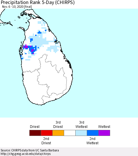 Sri Lanka Precipitation Rank since 1981, 5-Day (CHIRPS) Thematic Map For 11/6/2020 - 11/10/2020