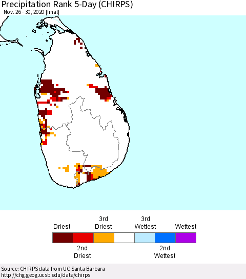Sri Lanka Precipitation Rank since 1981, 5-Day (CHIRPS) Thematic Map For 11/26/2020 - 11/30/2020