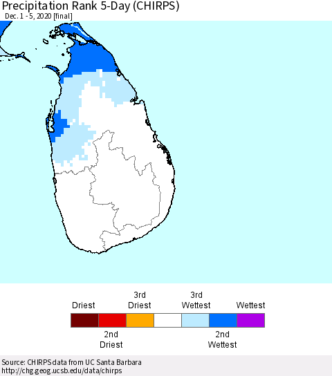 Sri Lanka Precipitation Rank since 1981, 5-Day (CHIRPS) Thematic Map For 12/1/2020 - 12/5/2020