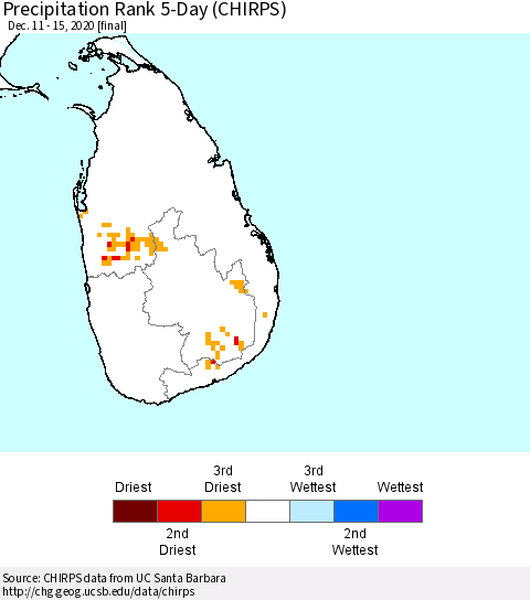 Sri Lanka Precipitation Rank since 1981, 5-Day (CHIRPS) Thematic Map For 12/11/2020 - 12/15/2020