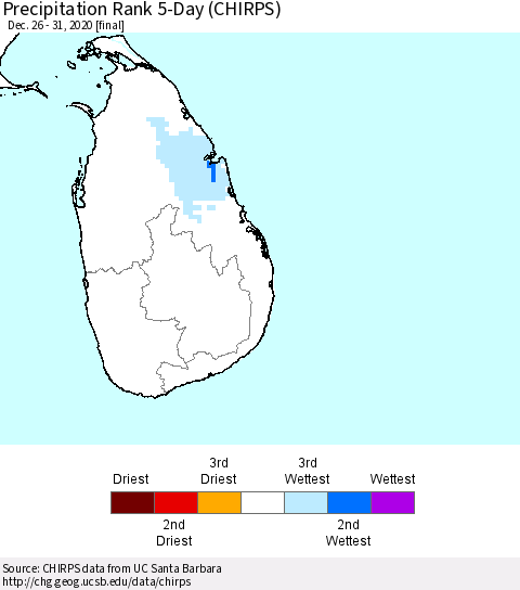 Sri Lanka Precipitation Rank since 1981, 5-Day (CHIRPS) Thematic Map For 12/26/2020 - 12/31/2020