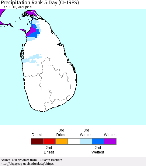 Sri Lanka Precipitation Rank 5-Day (CHIRPS) Thematic Map For 1/6/2021 - 1/10/2021