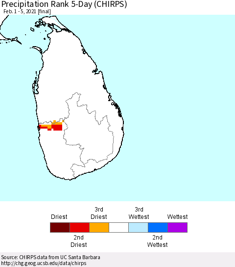 Sri Lanka Precipitation Rank since 1981, 5-Day (CHIRPS) Thematic Map For 2/1/2021 - 2/5/2021
