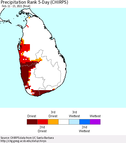 Sri Lanka Precipitation Rank 5-Day (CHIRPS) Thematic Map For 2/11/2021 - 2/15/2021