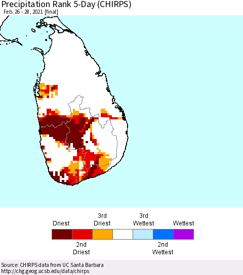 Sri Lanka Precipitation Rank since 1981, 5-Day (CHIRPS) Thematic Map For 2/26/2021 - 2/28/2021