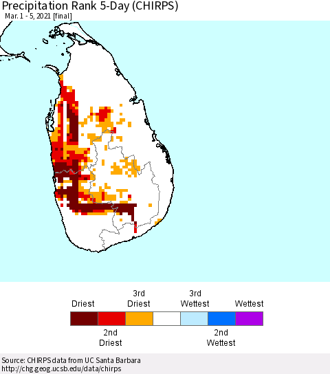 Sri Lanka Precipitation Rank since 1981, 5-Day (CHIRPS) Thematic Map For 3/1/2021 - 3/5/2021