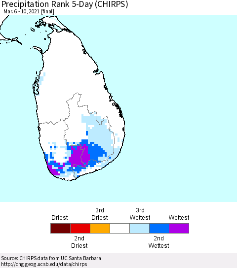 Sri Lanka Precipitation Rank 5-Day (CHIRPS) Thematic Map For 3/6/2021 - 3/10/2021