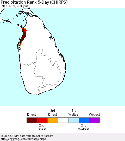 Sri Lanka Precipitation Rank since 1981, 5-Day (CHIRPS) Thematic Map For 3/16/2021 - 3/20/2021